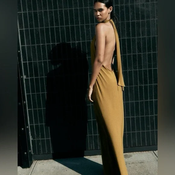 Zara Halter Maxi Green Dress Long Open Back Size S - Picture 5 of 12